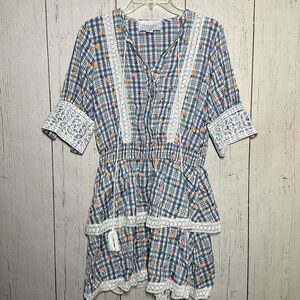 The Shirt Rochelle Behrens Plaid Ruffle Lace Oranges Print Tassle Mini Dress